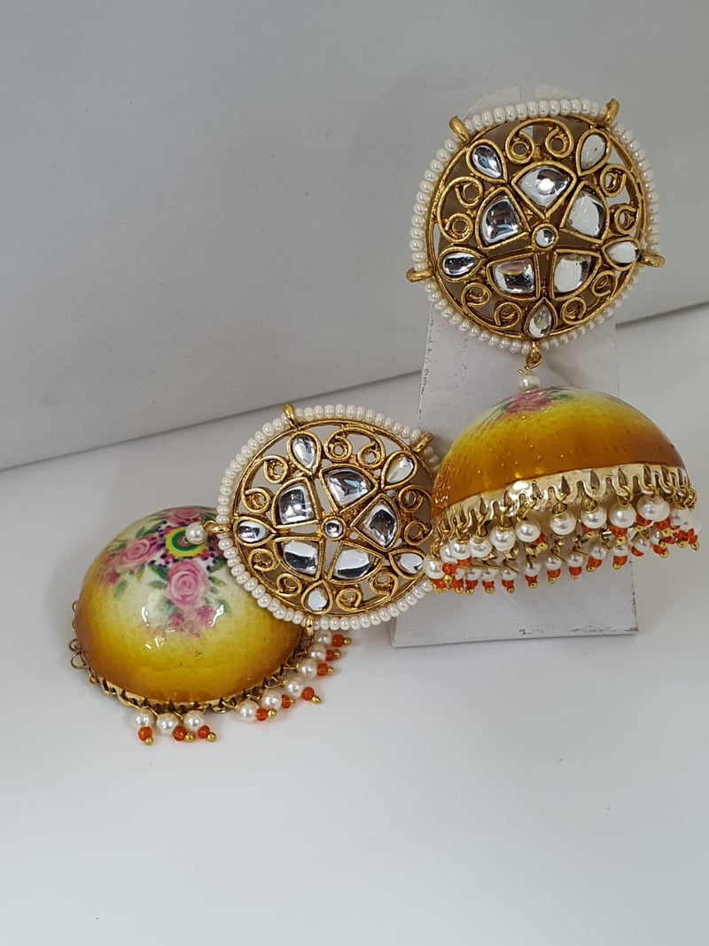 Midas Touch Gold Plated Yellow Meenakari And Kundan Jhumki Earrings