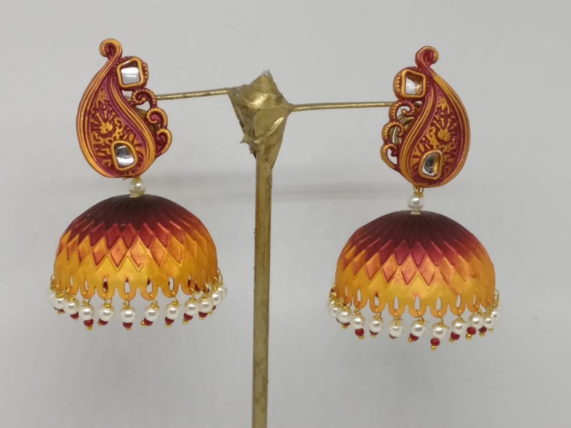 Midas Touch Gold Plated Red Meenakari And Kundan Jhumki Earrings