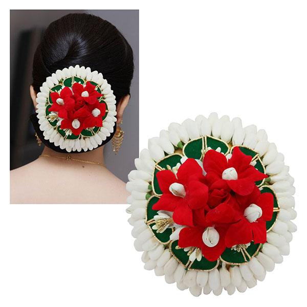Apurva Pearls Red And Green Floral Design Hair Brooch - 1502234B