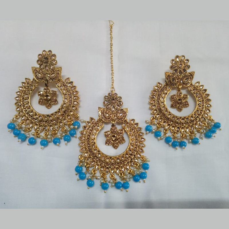 Jinu Arts Designer Blue Austrian Stone Earrings With Maangtikka Set