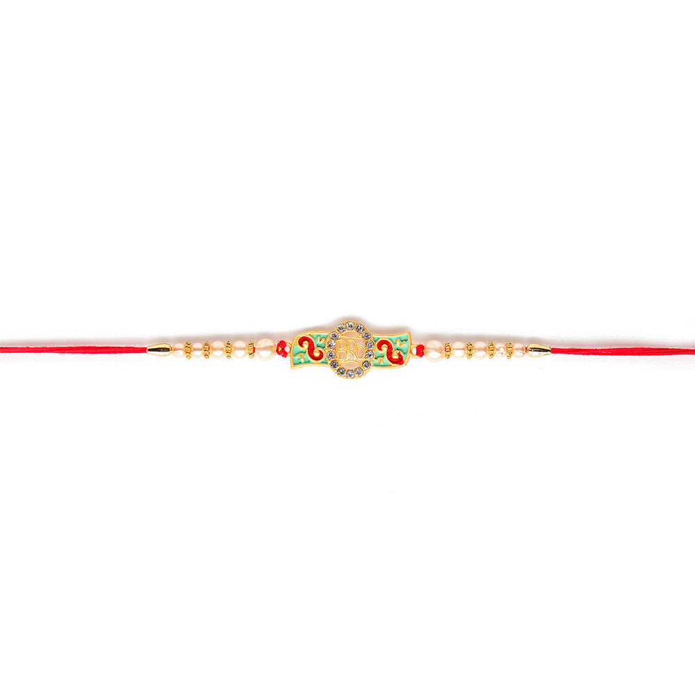 Kord Store 'Om/Shree/Bro' Design Mint Green/Ruby Mina Multi Stone Rakhi Set Of 3 For Brother