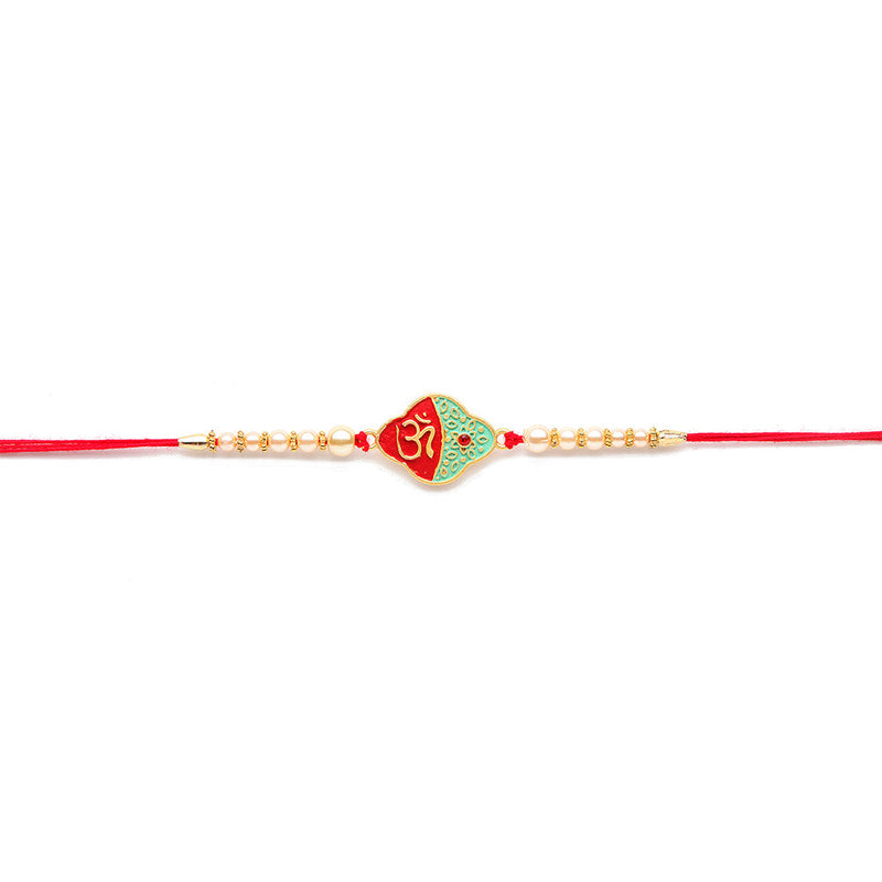 Kord Store 'Om/Shree/Swastik' Design Mint Green/Ruby Mina Multi Stone Rakhi Set Of 3 For Brothers