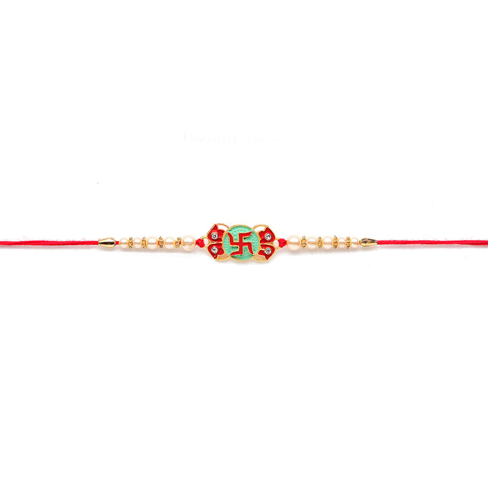 Kord Store 'Bro/Om/Swastik' Design Mint Green/Ruby Mina Multi Stone Rakhi Set Of 4 For Brother